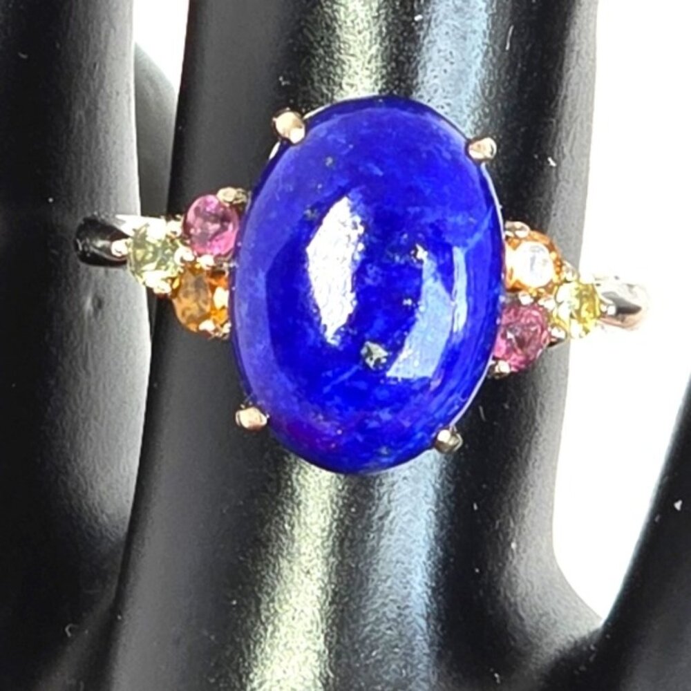 925 Sterling Silver Ring 7.75 with Natural Lapis Lazuli & Tourmaline Gems